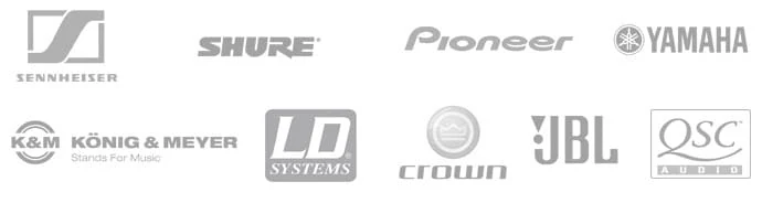 Logos der Hersteller im Verleih: Sennheiser, Shure, Pioneer, Yamaha, König & Meyer, LD Systems, Crown, JBL, QSC